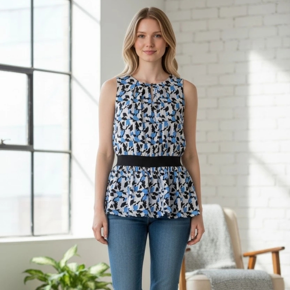 INC Women's Blue White Black Printed  Patterned Sleeveless Top Size 4